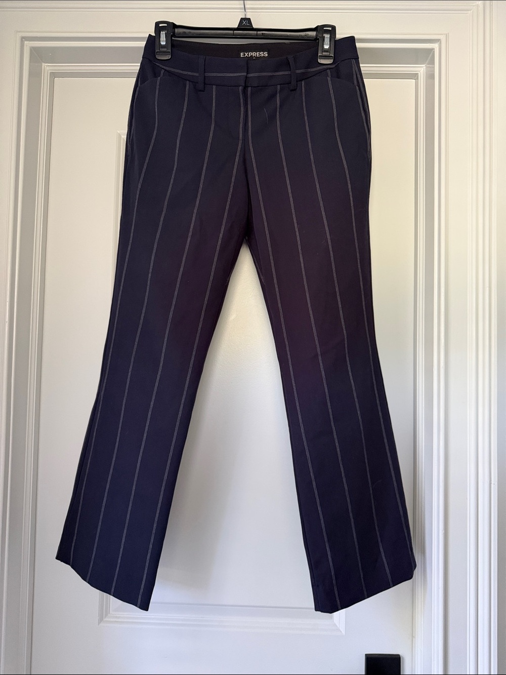 Express Low-Rise Barely Boot Navy Pinstripe Dress Pants